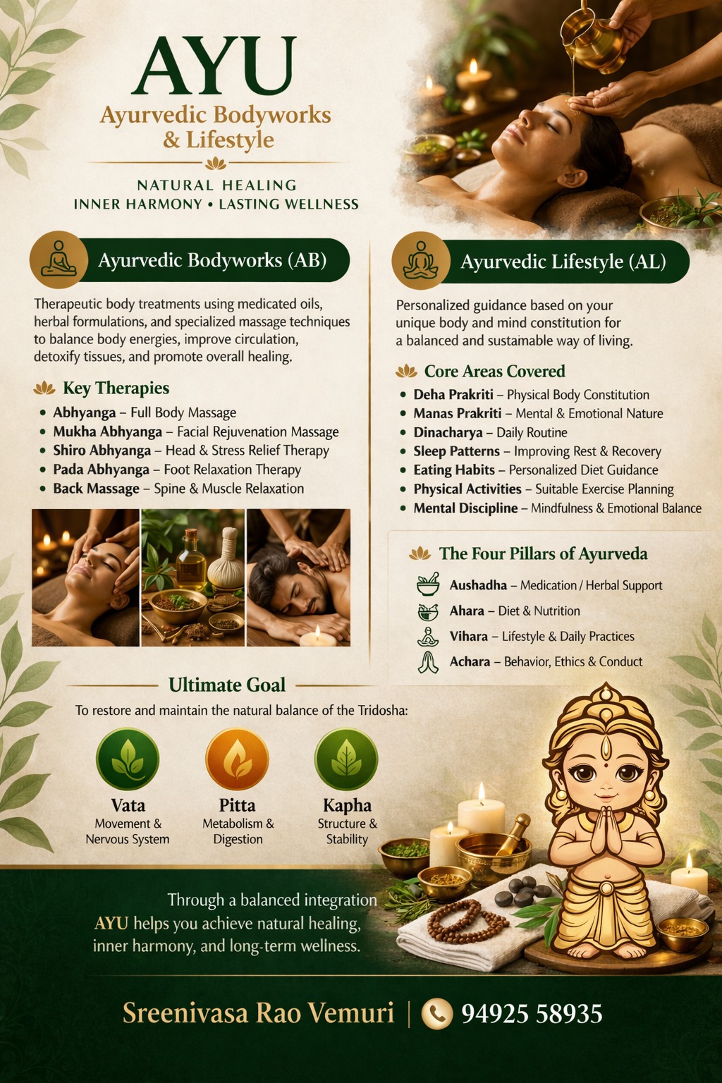 AYU Ayurvedic Bodyworks and Lifestyle brochure — key therapies, core areas covered and the four pillars of Ayurveda