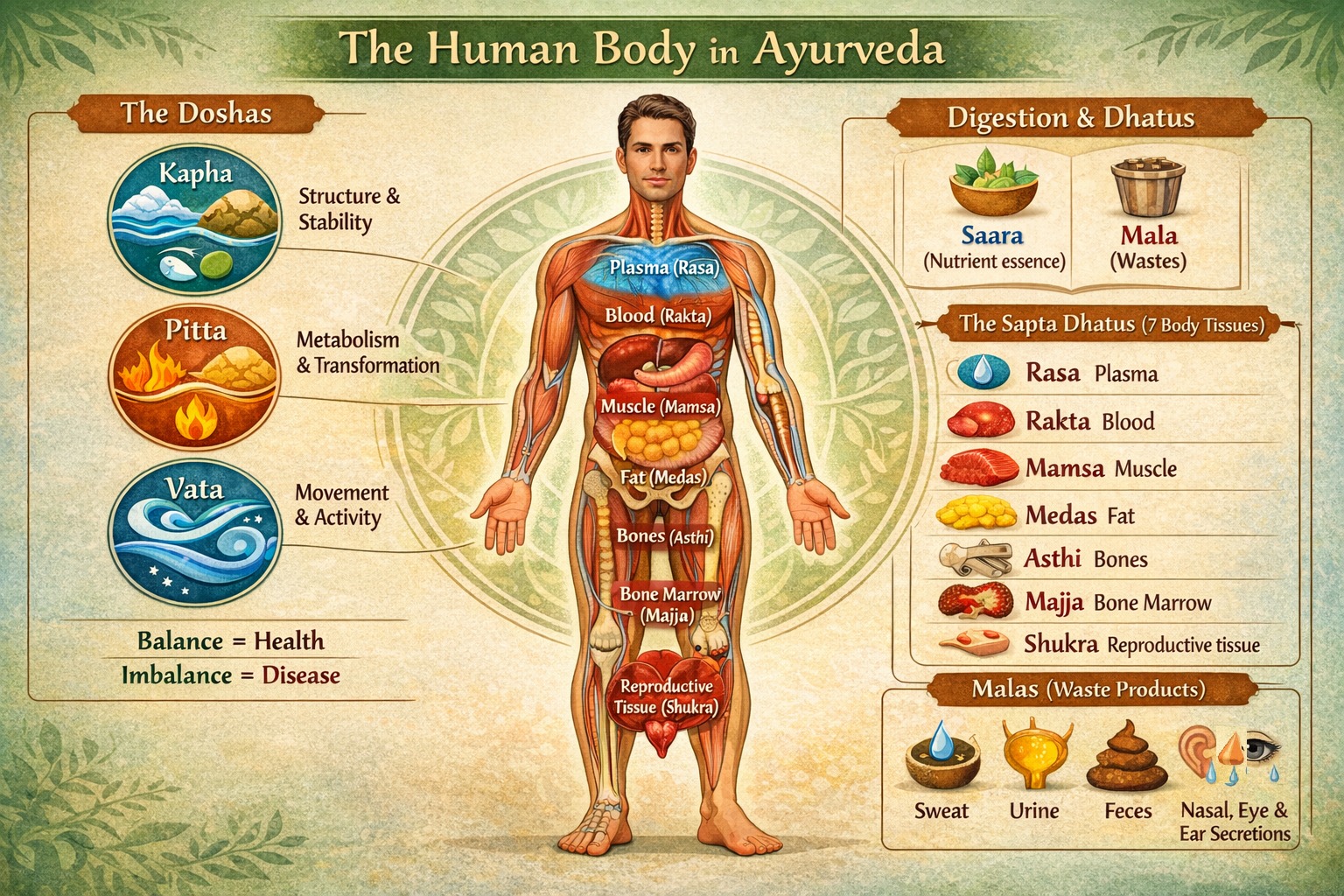 The Doshas and the human body in Ayurveda — Vata, Pitta, Kapha and the Sapta Dhatus