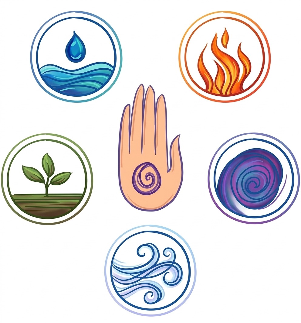 The Panchamahabhuta — five elements of Ayurveda: earth, water, fire, air and space