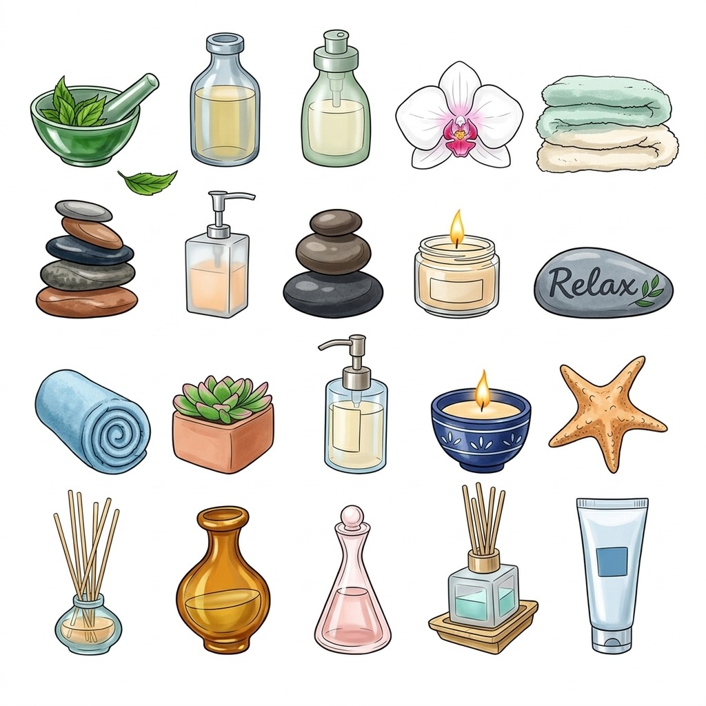 Spa and wellness essentials — herbal oils, hot stones, candles and relaxation touches used during the AYU wellness day