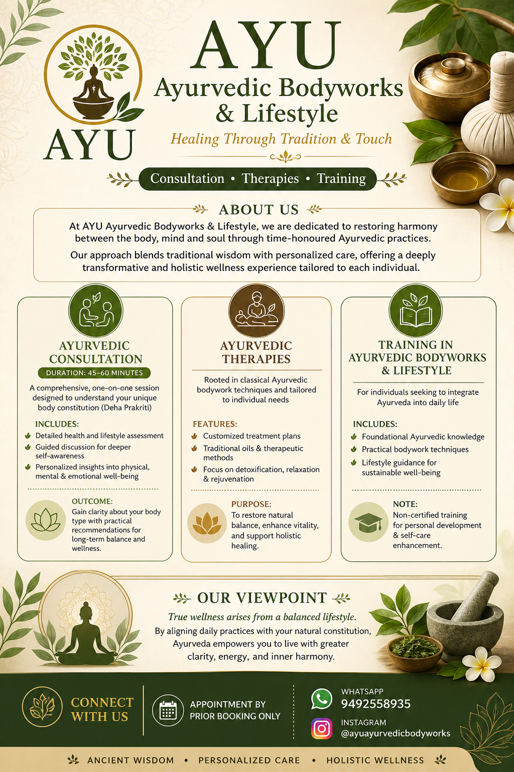 AYU Ayurvedic Bodyworks & Lifestyle — service overview: Consultation, Therapies and Training